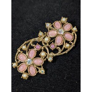 Vintage 1928 Double Pink Flower Faux Pearl Brooch Gold Tone